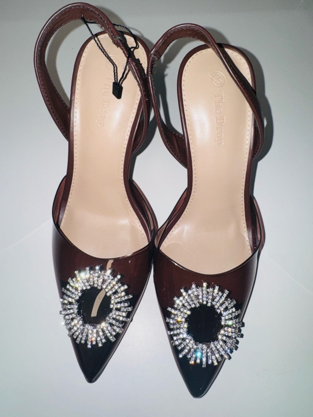 The Drop Women’s Dark Brown Pointed Slingback Heels with Crystal Sunburst